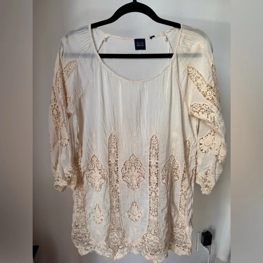Blouse Blue Saks Fifth Avenue Tunic Beige  S